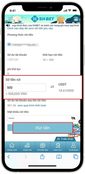 Bước 3: Nhập số tiền muốn rút => Nhập mật khẩu rút tiền => Ấn Rút tiền